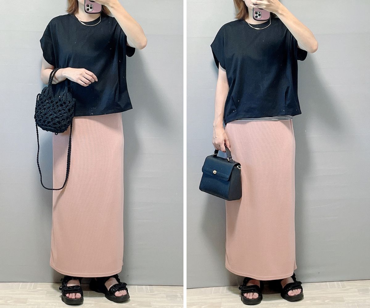 GUトップスとピンクスカートで甘辛ミックス