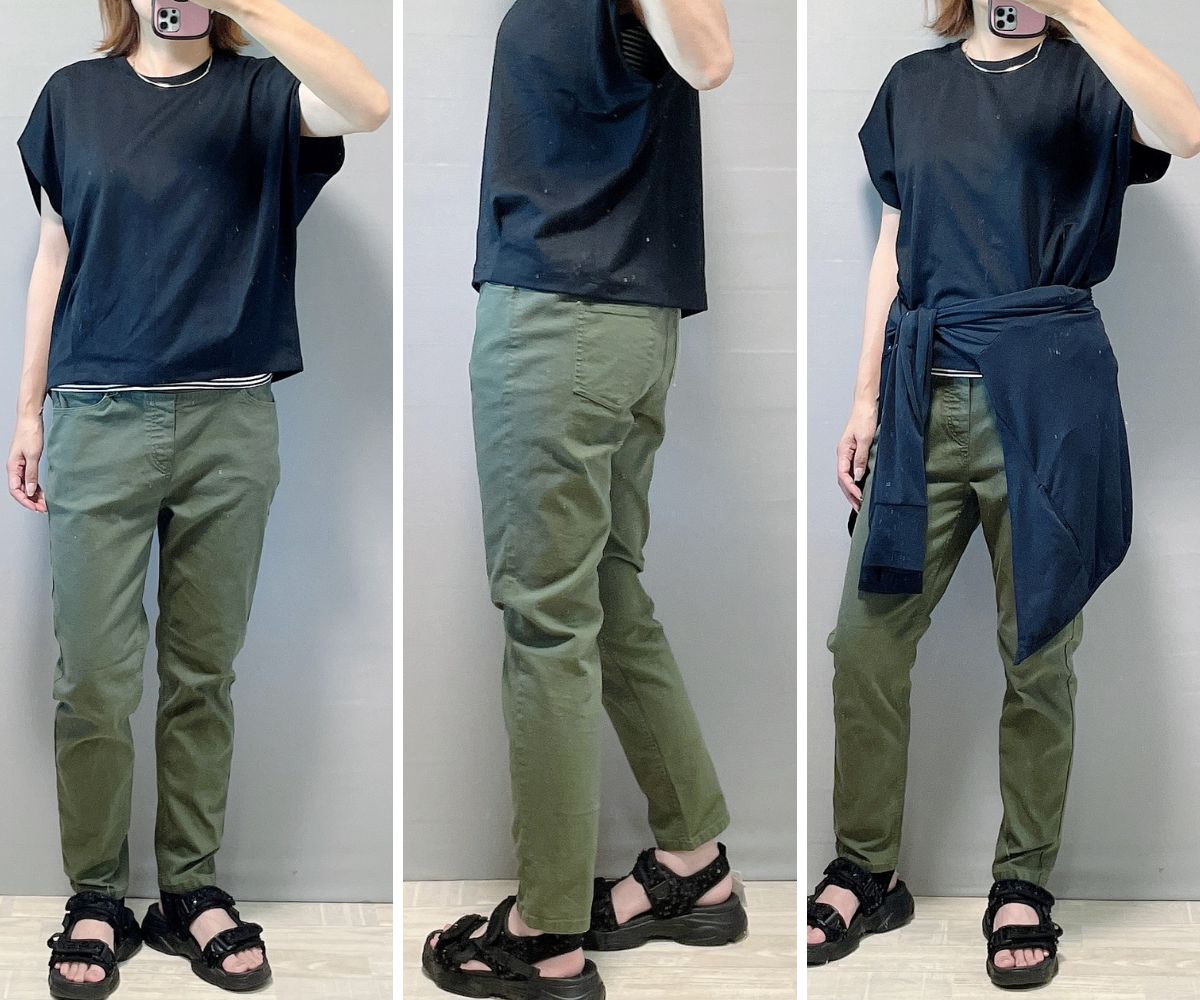 GUトップスとカーキパンツコーデ